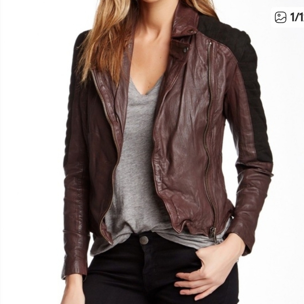 Muubaa Xera Leather & Suede Biker Moto Jacket Maroon Black Size 4 Feminine
